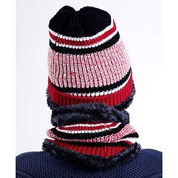 Pine Kids Woollen Cap Gloves and Muffler Set with Stripes Design Red & White - Diameter 18 cm
