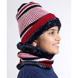 Pine Kids Woollen Cap Gloves and Muffler Set with Stripes Design Red & White - Diameter 18 cm