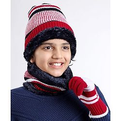 Pine Kids Woollen Cap Gloves and Muffler Set with Stripes Design Red & White - Diameter 18 cm