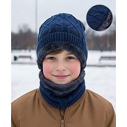 Pine Kids Knit Solid Woollen Cap & Muffler Navy Blue - Diameter 15 cm