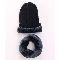 Pine Kids Knitted Solid Woollen Cap & Muffler Black - Diameter 18 cm