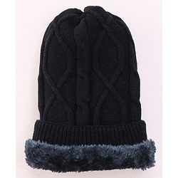 Pine Kids Knitted Solid Woollen Cap & Muffler Black - Diameter 18 cm