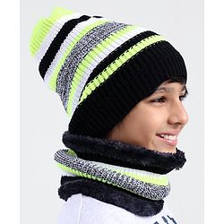 Pine Kids Knit Woollen Cap and Muffler Set with Stripes Design Black & White - Diameter 20 cm