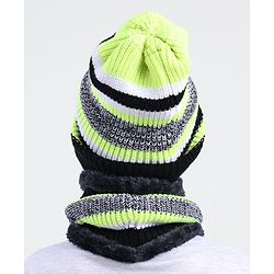 Pine Kids Knit Woollen Cap and Muffler Set with Stripes Design Black & White - Diameter 20 cm