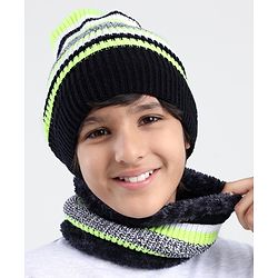 Pine Kids Knit Woollen Cap and Muffler Set with Stripes Design Black & White - Diameter 20 cm
