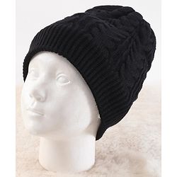 Pine Kids Knitted Solid Woollen Cap & Muffler Black - Diameter 20 cm