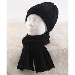 Pine Kids Knitted Solid Woollen Cap & Muffler Black - Diameter 20 cm