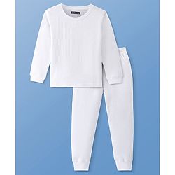 Pine Kids Cotton Knit Full Sleeves Solid Pullover Thermal Set - White