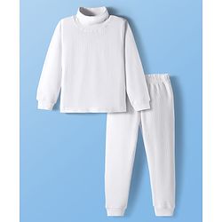 Pine Kids Cotton Knit Full Sleeves Solid Color Turtle Neck Pullover Thermal Set - White