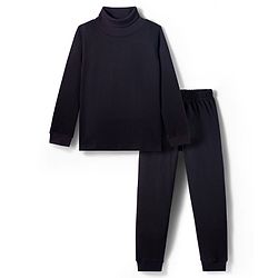 Pine Kids Knit Full Sleeves Solid Color Turtle Thermal Wear Set - Black