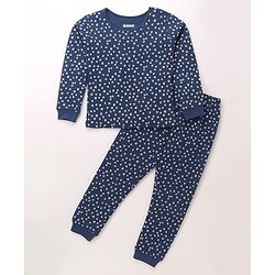 Pine Kids Cotton Knit Full Sleeves Thermal Vest & Pant Set with Floral Print - Navy Blue