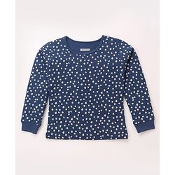 Pine Kids Cotton Knit Full Sleeves Thermal Vest & Pant Set with Floral Print - Navy Blue