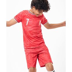 Pine Active Knit Half Sleeves Athleisure T-Shirt & Shorts Set Text & Number Print - Red