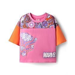 Pine Kids Marvel 100% Cotton Oversized Drop Shoulder Half Sleeve Crop T-Shirt & Shorts With Avengers Graphics - Multicolor