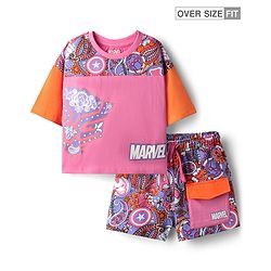 Pine Kids Marvel 100% Cotton Oversized Drop Shoulder Half Sleeve Crop T-Shirt & Shorts With Avengers Graphics - Multicolor