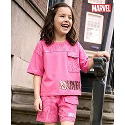 Pine Kids Marvel Single Jersey Knit Half Drop Shoulder Sleeves Oversized Crop T-Shirt & Shorts Set with Avengers Graphics & Reversible Sequin - Pink