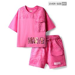 Pine Kids Marvel Single Jersey Knit Half Drop Shoulder Sleeves Oversized Crop T-Shirt & Shorts Set with Avengers Graphics & Reversible Sequin - Pink