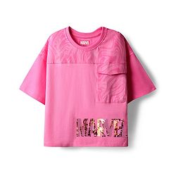 Pine Kids Marvel Single Jersey Knit Half Drop Shoulder Sleeves Oversized Crop T-Shirt & Shorts Set with Avengers Graphics & Reversible Sequin - Pink