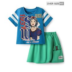 Pine Kids Disney Single Jersey Knit Oversized Half Sleeves Crop Top and Skirt with Disney Princess Graphics - Blue & Green