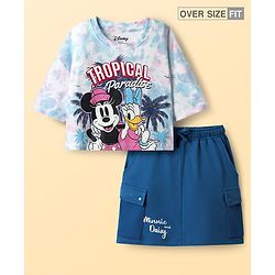 Pine Kids Disney 100% Cotton Oversize Drop Shoulder Half Sleeve Crop Top & Skirt With Disney Princess Graphics - Blue