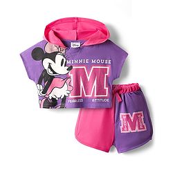 Pine Kids Disney 100% Cotton Oversize Drop Shoulder Half Sleeve Hooded T-Shirt & Shorts With Mickey Mouse Graphics - Multicolor