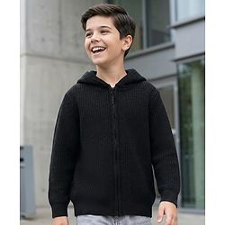 Pine Kids Knit Full Sleeves Solid Color Hooded Front Open Sweater - Black