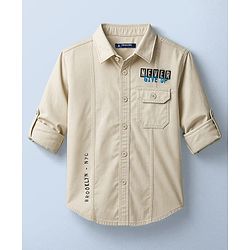 Pine Kids Cotton Woven Full Sleeves Shirt with Front Pocket & Text Print - Beige