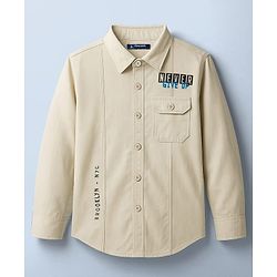 Pine Kids Cotton Woven Full Sleeves Shirt with Front Pocket & Text Print - Beige