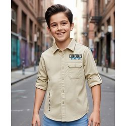 Pine Kids Cotton Woven Full Sleeves Shirt with Front Pocket & Text Print - Beige
