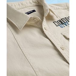 Pine Kids Cotton Woven Full Sleeves Shirt with Front Pocket & Text Print - Beige