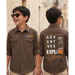 Pine Kids Cotton Woven Full Sleeves Shirt with Front Pocket & Text Print - Brown