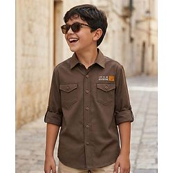 Pine Kids Cotton Woven Full Sleeves Shirt with Front Pocket & Text Print - Brown