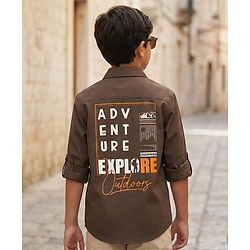 Pine Kids Cotton Woven Full Sleeves Shirt with Front Pocket & Text Print - Brown