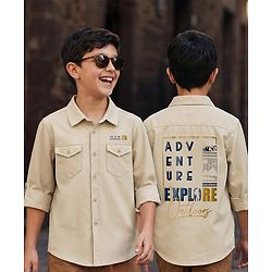 Pine Kids Cotton Woven Full Sleeves Shirt with Front Pocket & Text Print - Brown