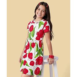 Pine Kids Cotton Knit Half Sleeves Frock With Floral Print - White