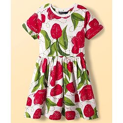 Pine Kids Cotton Knit Half Sleeves Frock With Floral Print - White