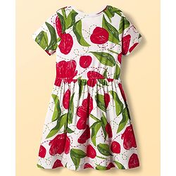 Pine Kids Cotton Knit Half Sleeves Frock With Floral Print - White