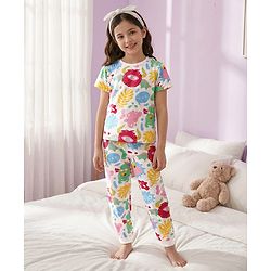 Pine Kids Single Jersey Knit Half Sleeves Co-ords Night Suit with Sea Life Print - White
