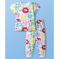 Pine Kids Single Jersey Knit Half Sleeves Co-ords Night Suit with Sea Life Print - White