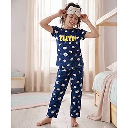 Pine Kids Single Jersey Knit Half Sleeves Co-ords Night Suit with Floral Print - Navy Blue