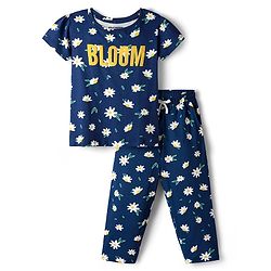 Pine Kids Single Jersey Knit Half Sleeves Co-ords Night Suit with Floral Print - Navy Blue