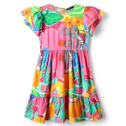 Pine Kids Viscose Woven Flutter Sleeves Frock With Floral Print - Dark Pink & Orange
