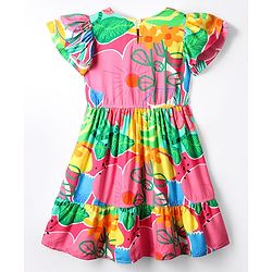 Pine Kids Viscose Woven Flutter Sleeves Frock With Floral Print - Dark Pink & Orange