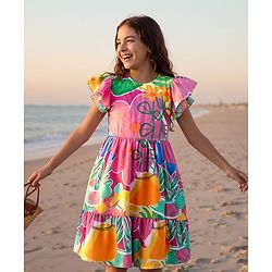 Pine Kids Viscose Woven Flutter Sleeves Frock With Floral Print - Dark Pink & Orange