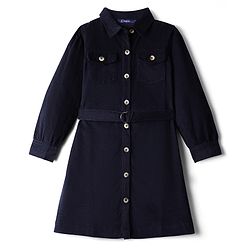 Pine Kids Corduroy Woven Full Sleeves Solid Color Shirt Dress with Belt - Navy Blue