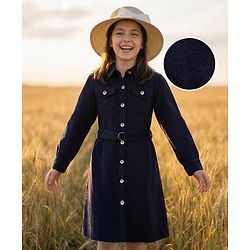 Pine Kids Corduroy Woven Full Sleeves Solid Color Shirt Dress with Belt - Navy Blue