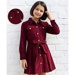 Pine Kids Corduroy Woven Full Sleeves Solid Color Shirt Dress with Belt - Maroon