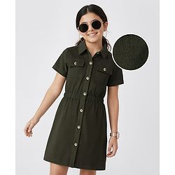 Pine Kids Corduroy Woven Half Sleeves Solid Color Shirt Dress - Olive Green