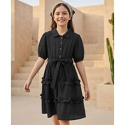 Pine Kids Woven Half Sleeves Frock & Belt With Frills - Black
