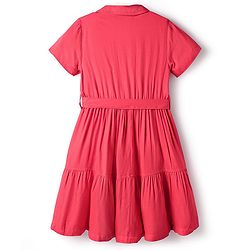 Pine Kids Twill Woven Half Sleeves Solid Colour Shirt Dress With Collar - Red